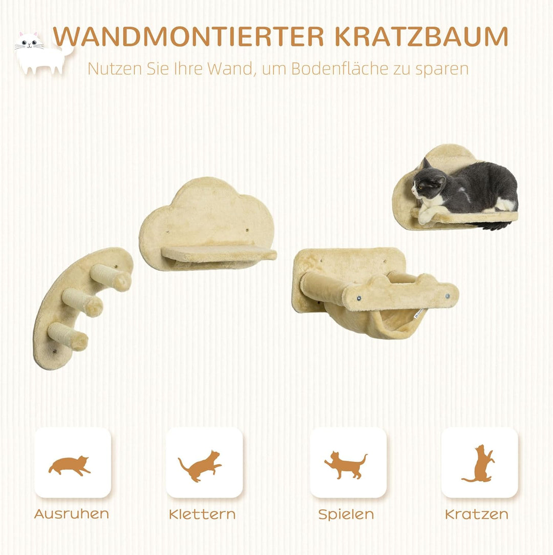 PawHut Kletterwand Katzen, 4-teilig Katzenkletterwand Set, Katzen Wandelemente mit Kaztentreppe, Hän