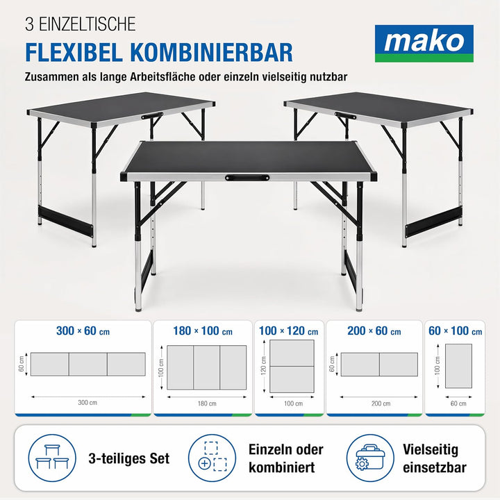 mako Tapeziertisch Profi, 3er-Set – Höhenverstellbarer Multifunktionstisch mit Alu-Rahmen, robuster