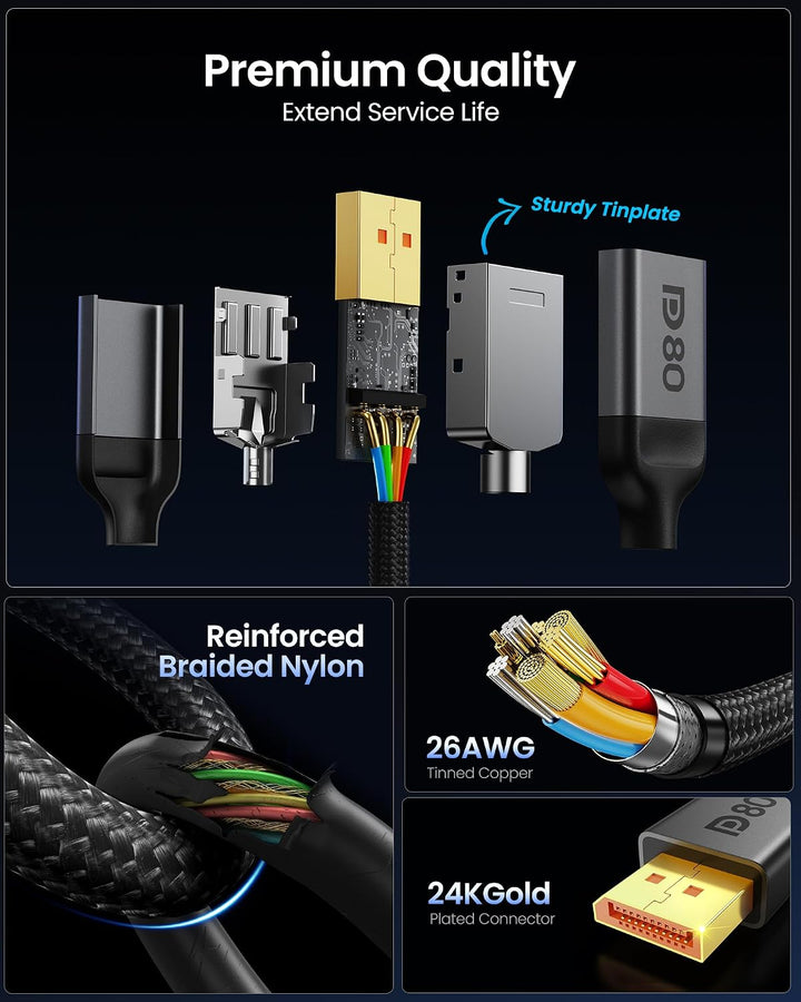Silkland 80Gbps DisplayPort Kabel 2.1 1.5M [VESA-Zertifiziert] DP80, 8K@240Hz 4K@960Hz/540Hz/480Hz/2