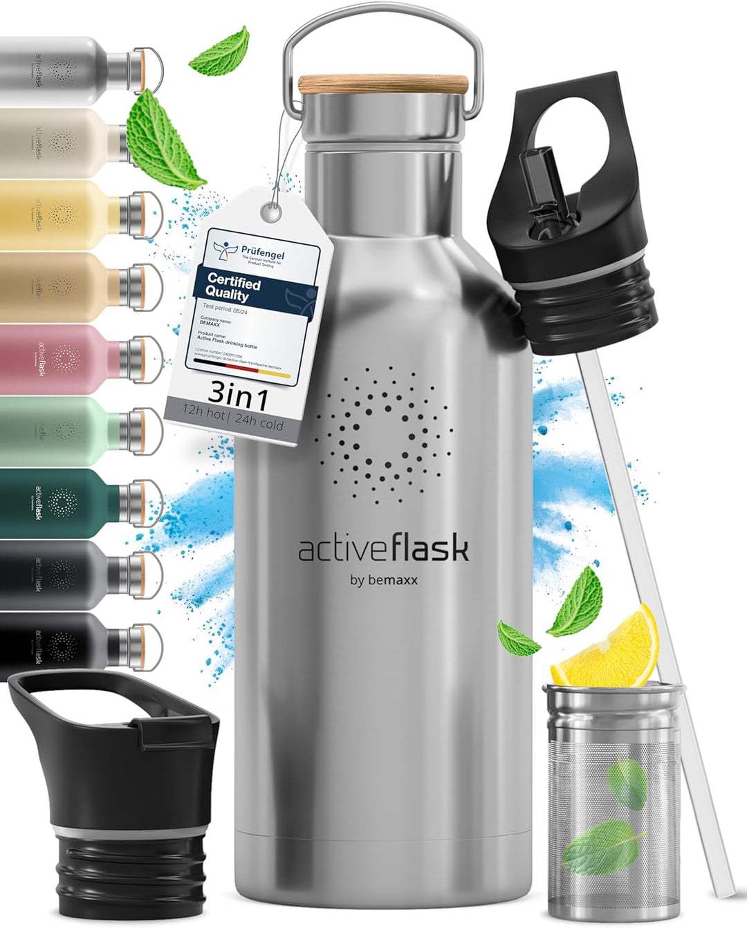 Trinkflasche Edelstahl ACTIVE FLASK + Strohhalm (3 Deckel) BPA-frei, Auslaufsicher, Kohlensäure geei