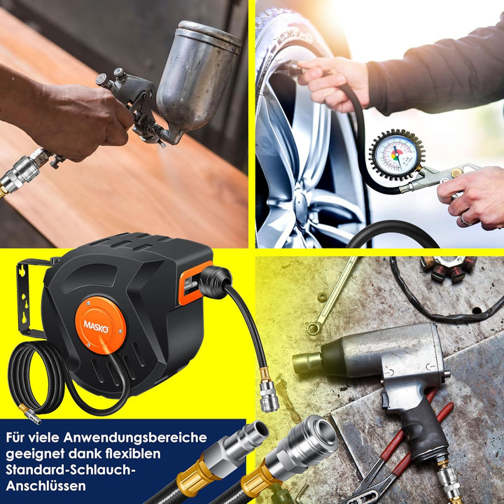 MASKO® Automatik Druckluftschlauch Aufroller 10m – Schlauchtrommel mit 1/4" Anschluss, Schlauchaufro