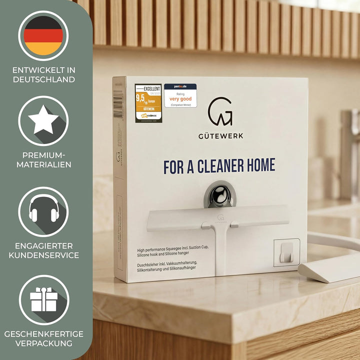 GÜTEWERK Duschabzieher Set, Silikon Abzieher Dusche, Hygienisches Bad Zubehör, Glasabzieher mit Saug