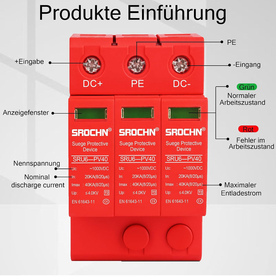 Warmfay Überspannungsschutz PV C (T2) 3P 20-40KA, 1000V DC Photovoltaic Lightning Protector Niedersp