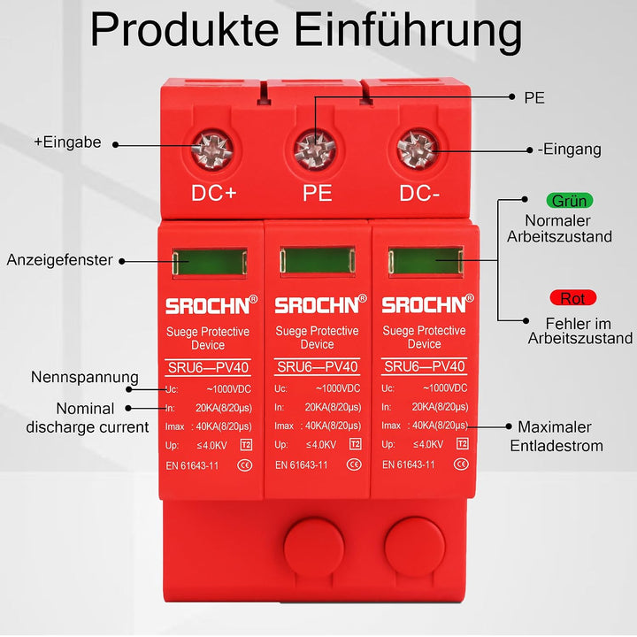 Warmfay Überspannungsschutz PV C (T2) 3P 20-40KA, 1000V DC Photovoltaic Lightning Protector Niedersp