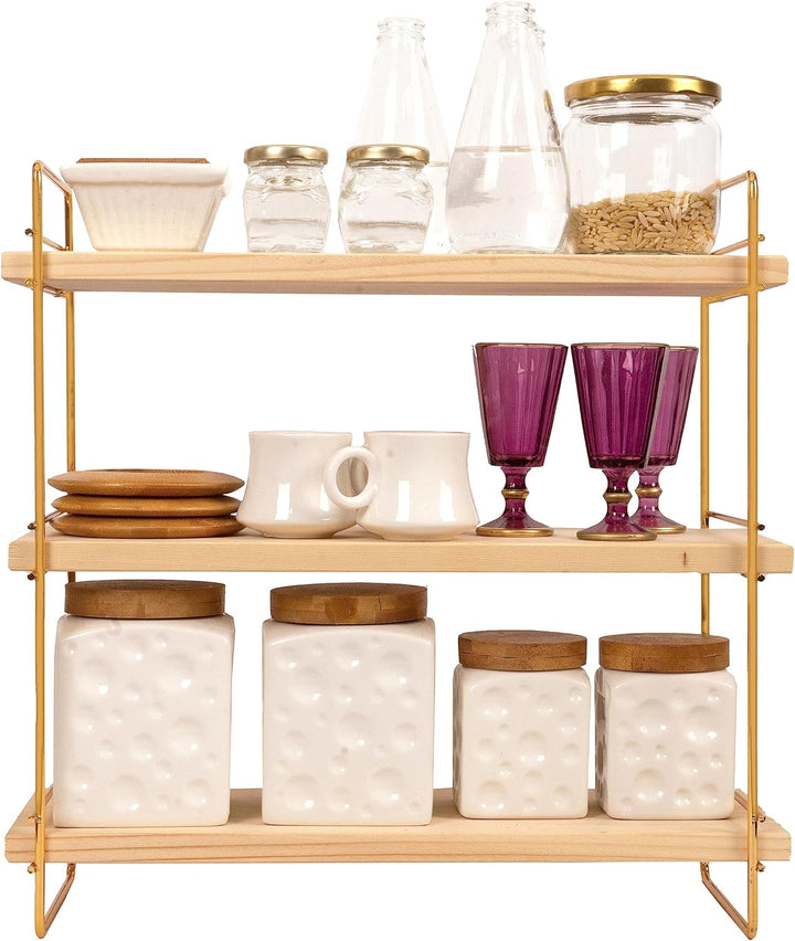 Ndeko Arbeitsplatte Regal aus Holz und Metall Gold mit 3 Ablagen, Badregal, Holzregal, Regalbrett Or