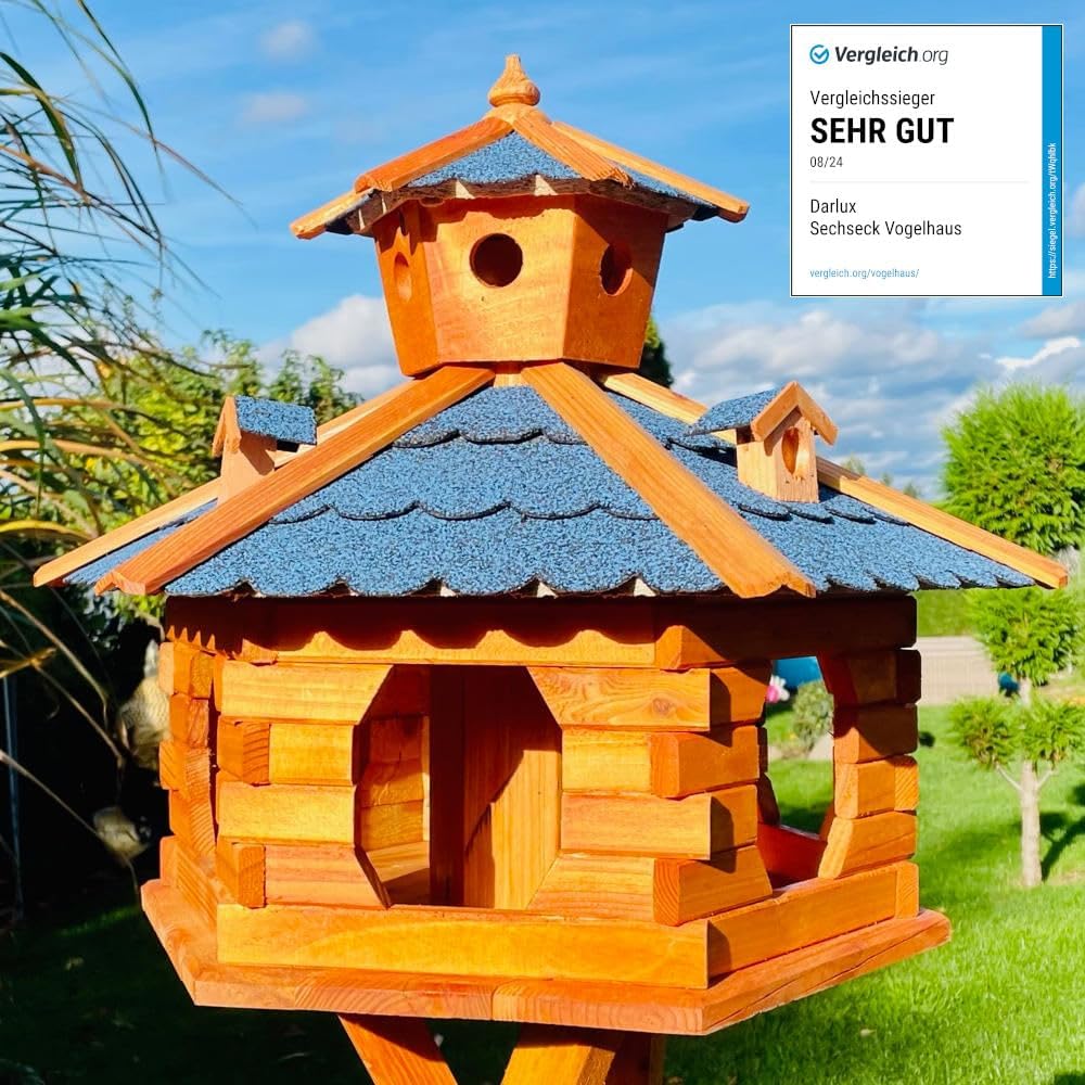 handgefertigtes Sechseck Vogelhaus aus Holz wetterfest M - XL mit und ohne Ständer, Futterhaus, Futt