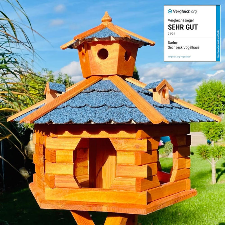 handgefertigtes Sechseck Vogelhaus aus Holz wetterfest M - XL mit und ohne Ständer, Futterhaus, Futt