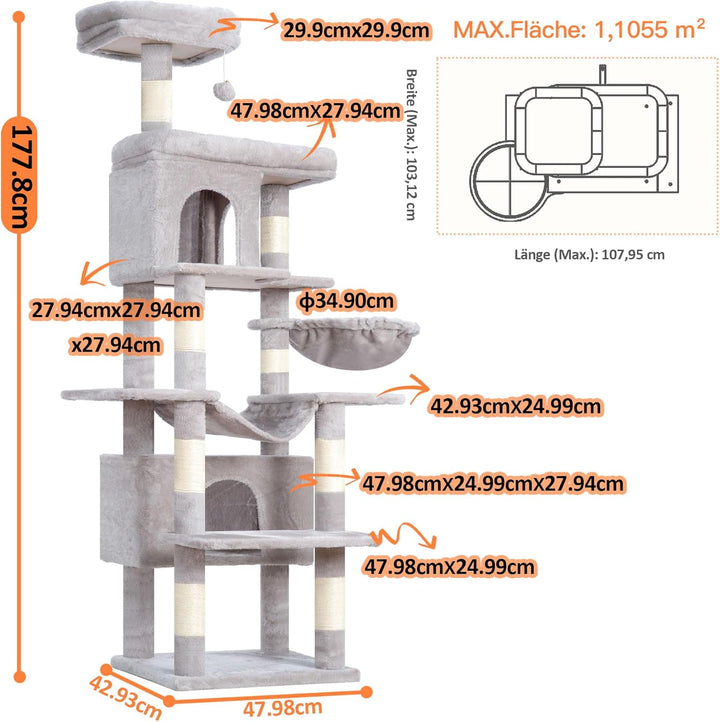 Heybly Kratzbaum, 178 cm Hoch, kratzsäule für Indoor Katzen, Mehrstöckiger Katzenkratzbaum mit 8 Kra
