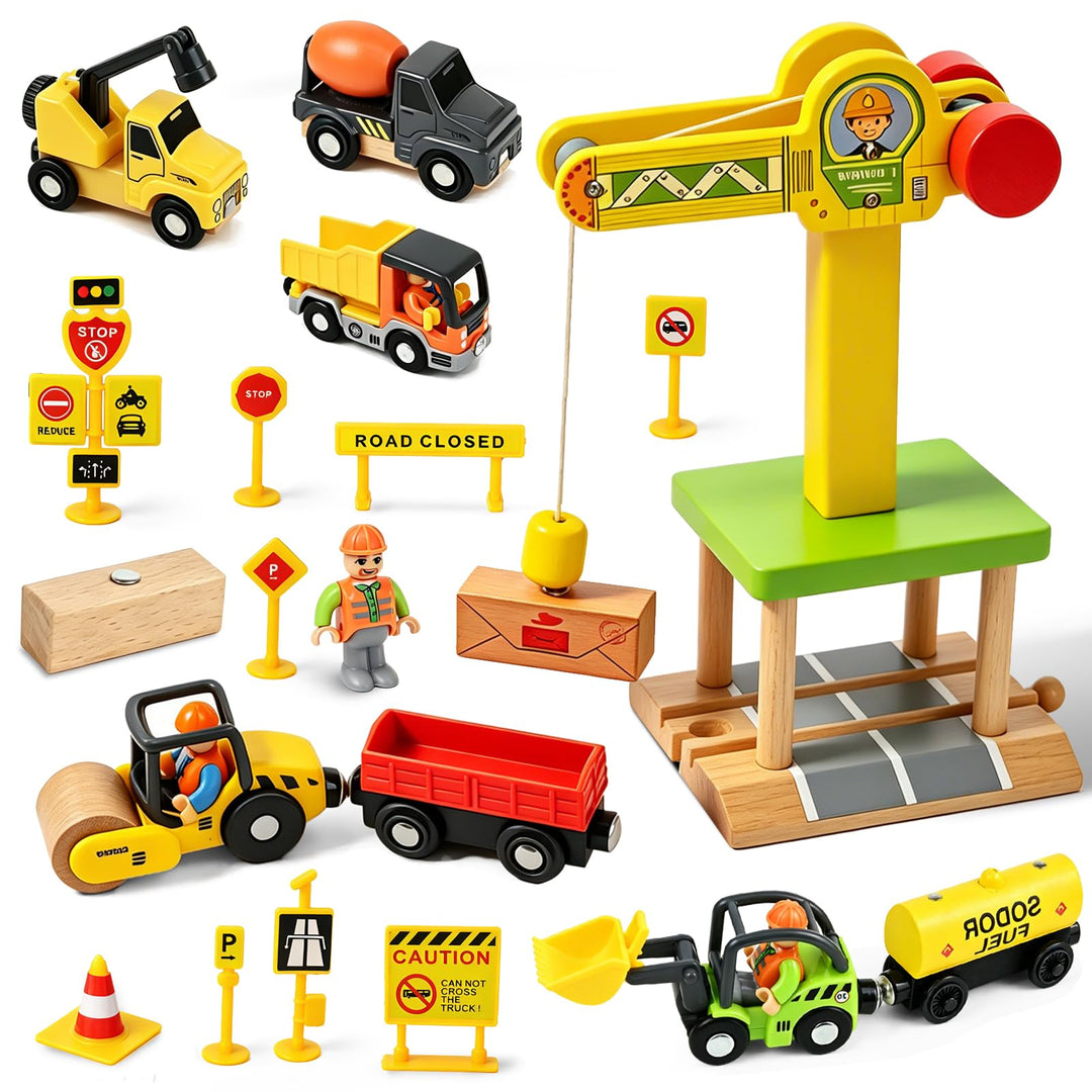 Baufahrzeuge Kinder Holzspielzeug, Magnetisch Baustelle Kran Spielzeug mit Turmkran Bagger Kranwagen