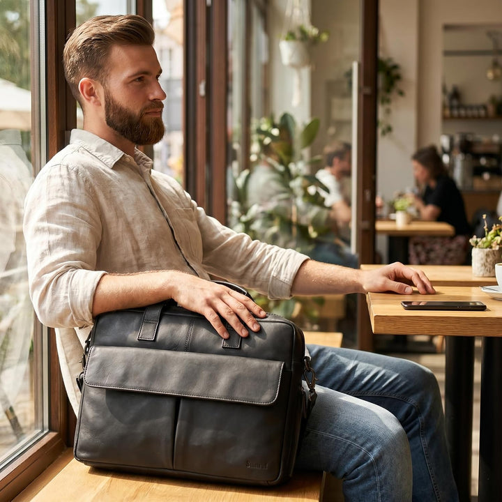 Sunsa Herren Leder Laptop Tasche, 14 Zoll Business Aktentasche. Schwarze grosse Handtasche Notebookt