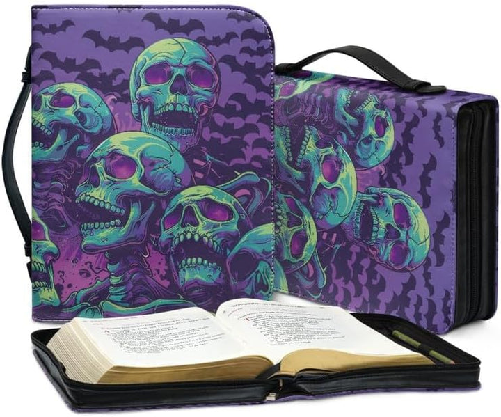 Gothic Totenköpfe Fledermäuse Buchhülle für Notizbuch, dunkelviolette Fledermäuse, Leder, Buchtasche