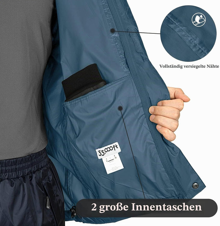 33,000ft Regenjacke Herren Leicht Wasserdicht Faltbare Regenmantel mit Kapuze Fahrrad Rain Windbreak