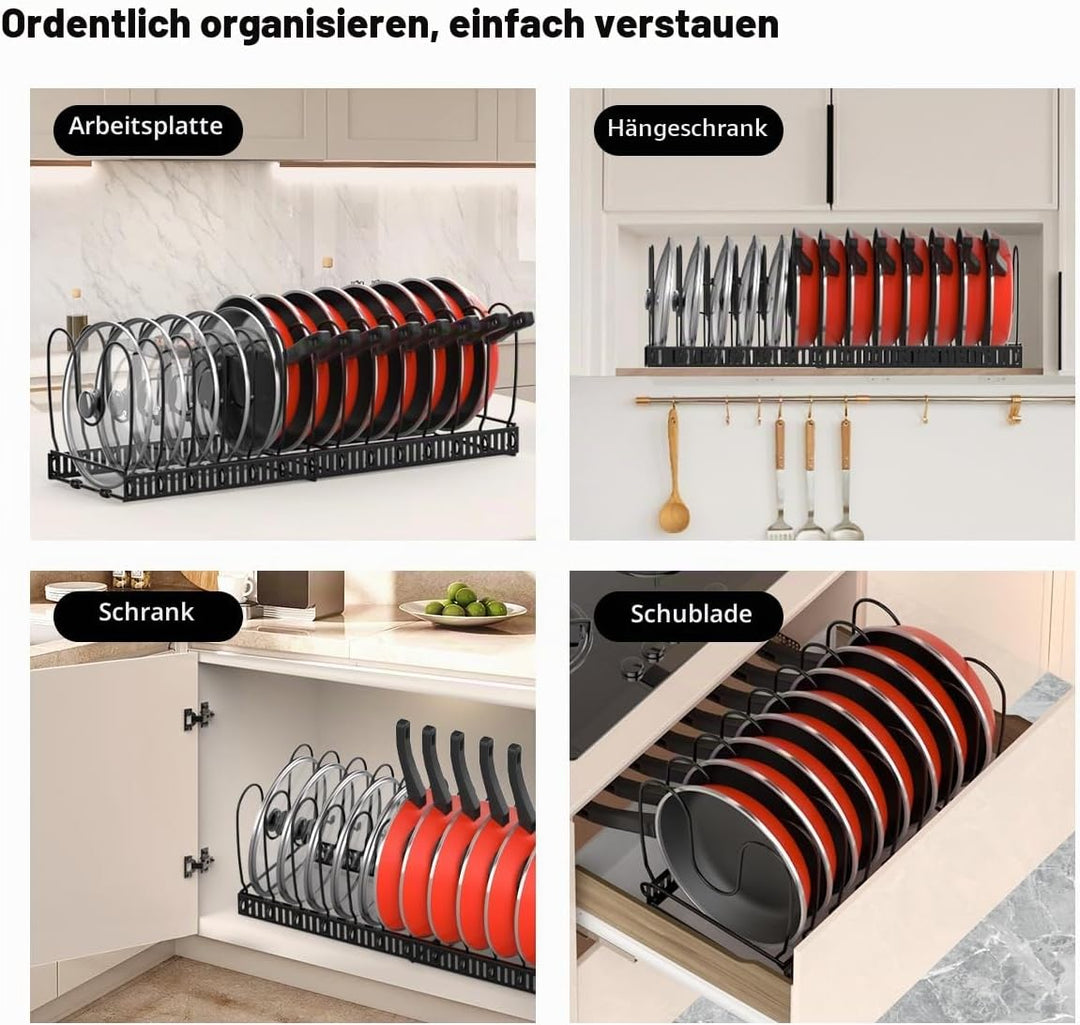 Housolution Pfannenhalter für Schublade, Erweiterbarer Topfdeckelhalter mit 14 Verstellbaren Teiler,