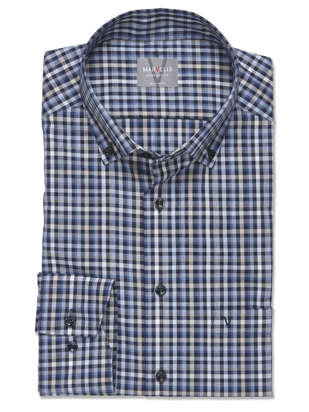 Marvelis Herren Businesshemd Langarm 708214,Kariert,Comfort fit,Button-Down-Kragen 40 Marine 18, 40