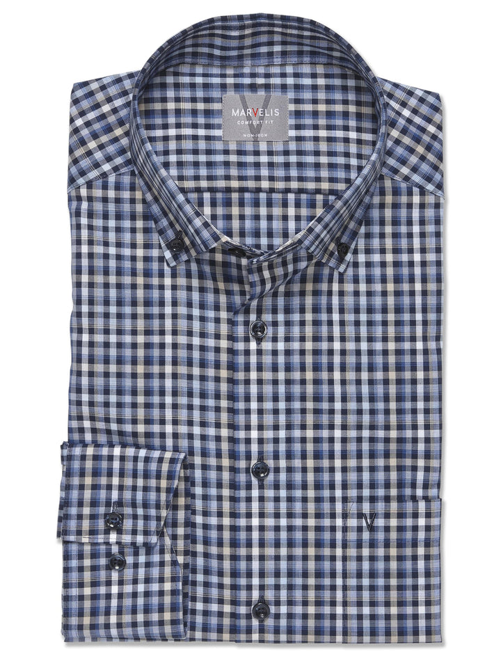 Marvelis Herren Businesshemd Langarm 708214,Kariert,Comfort fit,Button-Down-Kragen 40 Marine 18, 40
