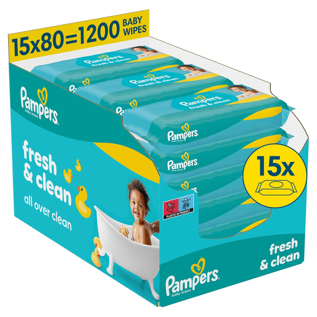 Pampers Fresh Clean Feuchttücher 15 Packungen mit 80 Stück, 1200 Feuchttücher, milder Duft, auch für