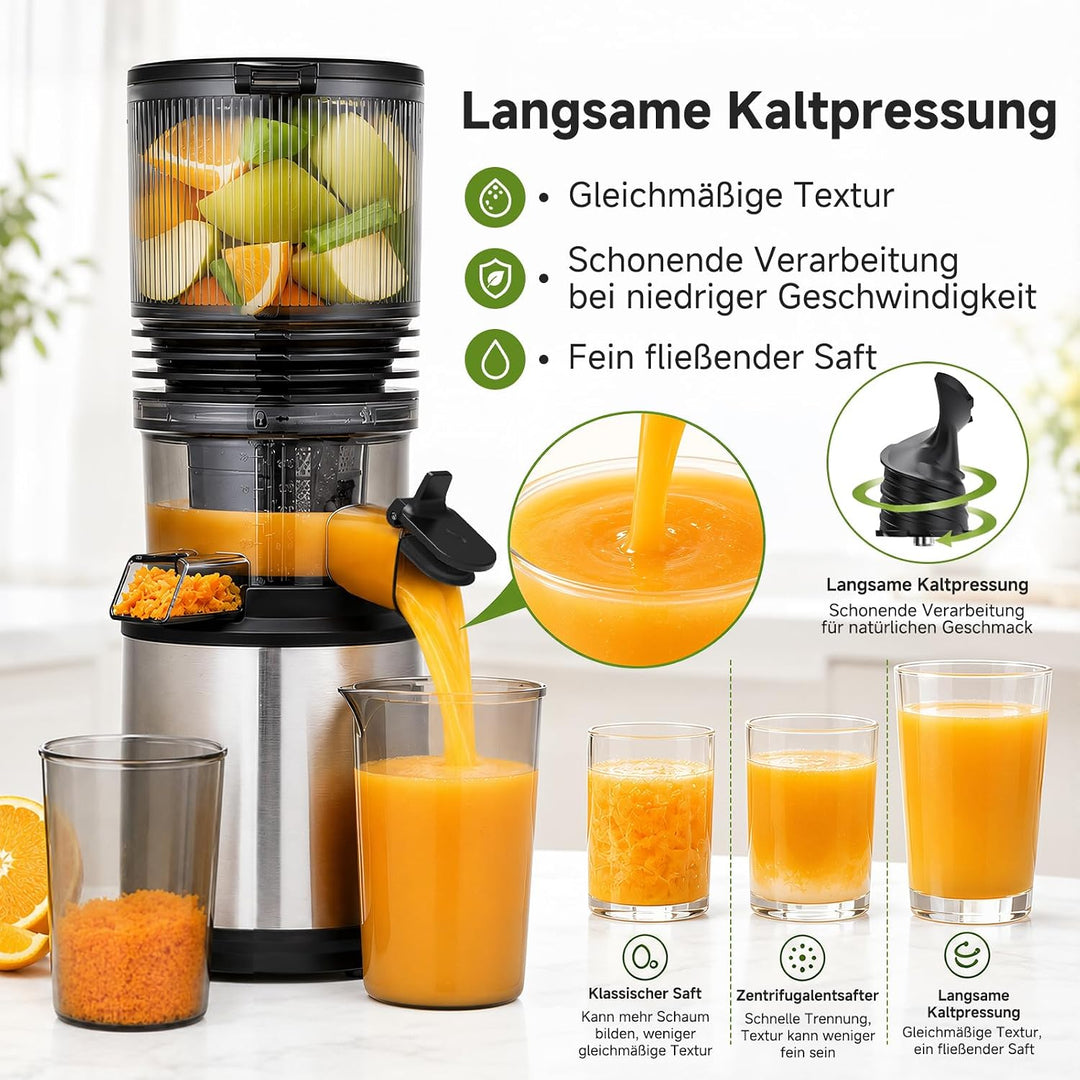 AMZCHEF Entsafter - Slow Juicer mit 158 mm grossem Einfüllschacht Extra Large Silber/Schwarz, Extra