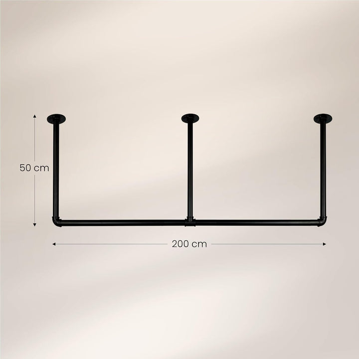Kleiderstange Industrial Schwarz für Decke Deckenmontage Breite 200 cm x Höhe 50 cm Garderobe Flur D