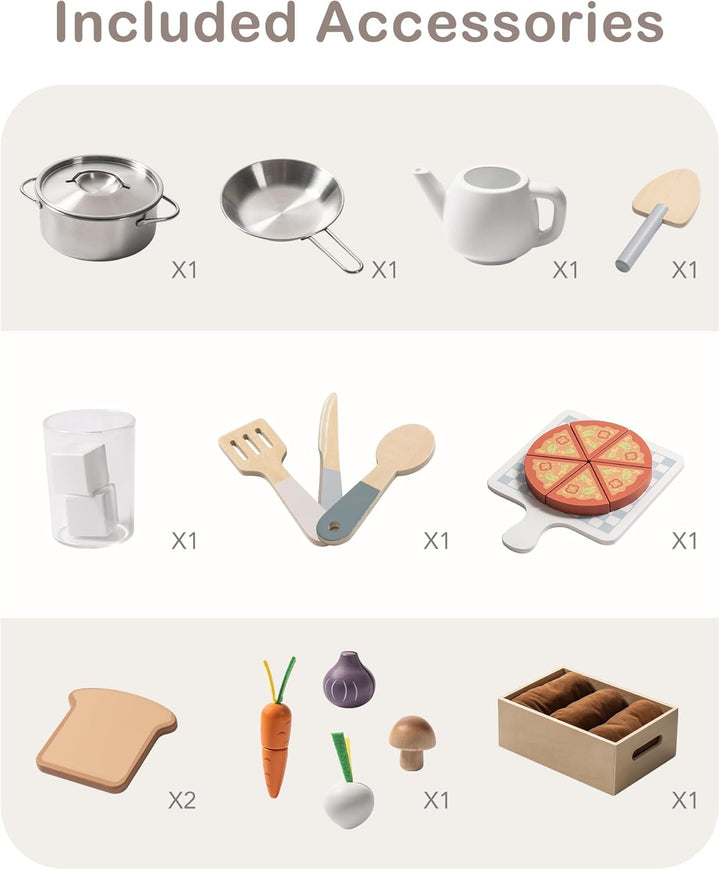 ROBUD Spielküche für Kinder, Kinderküche Holz mit Pflanzkasten & Toaster & Eismaschine & Schneiden S