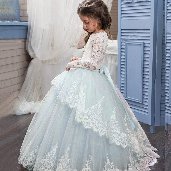 PLWEDDING Spitze Lange Ärmel Blumenmädchen Kleid Prinzessin Tüll Kleid für Kinder Erstkommunion Klei