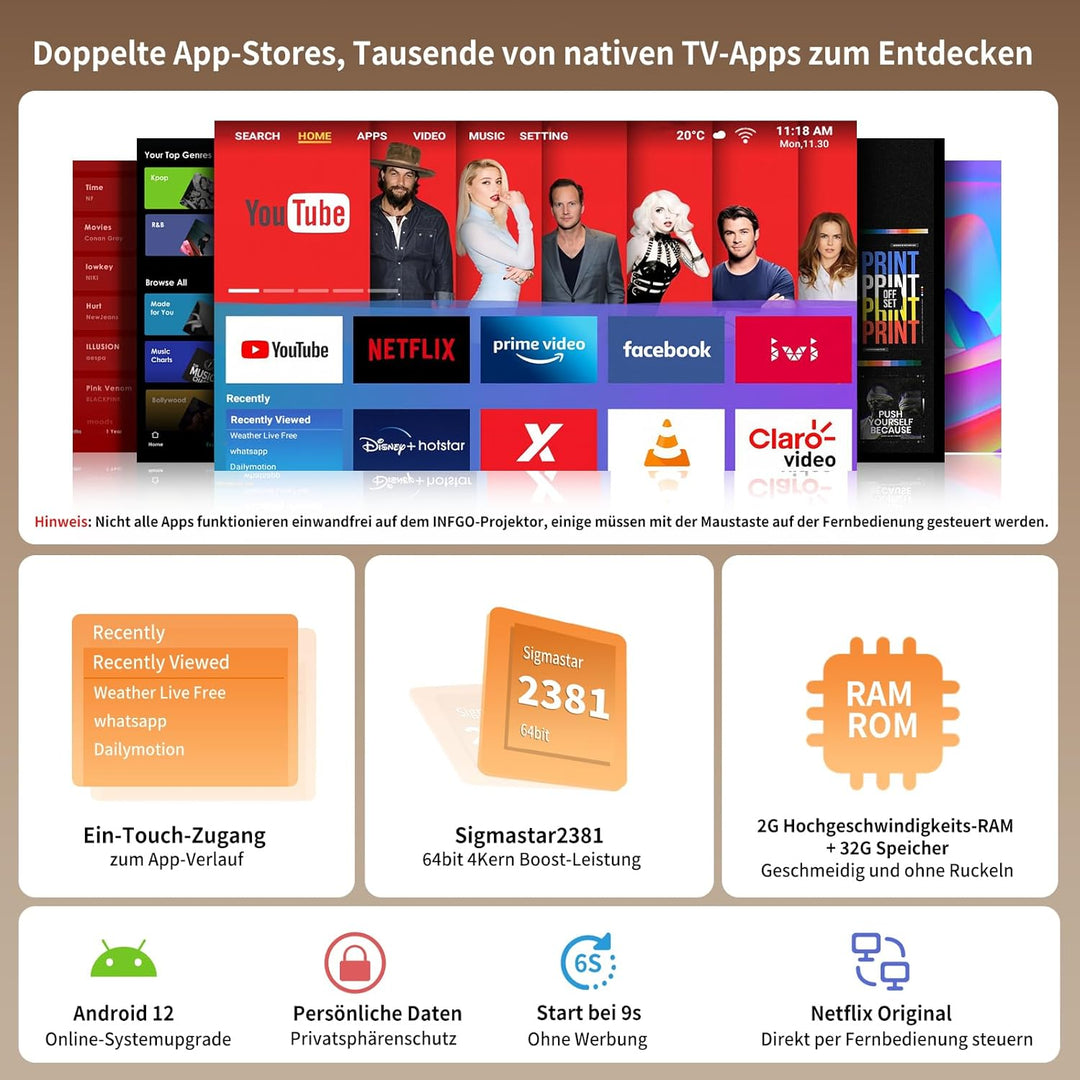 Heimkino Beamer, 4K Unterstützt, 1080P Full HD Beamer mit 28000 Lumen, WiFi 6 & Bluetooth 5.4, kompa