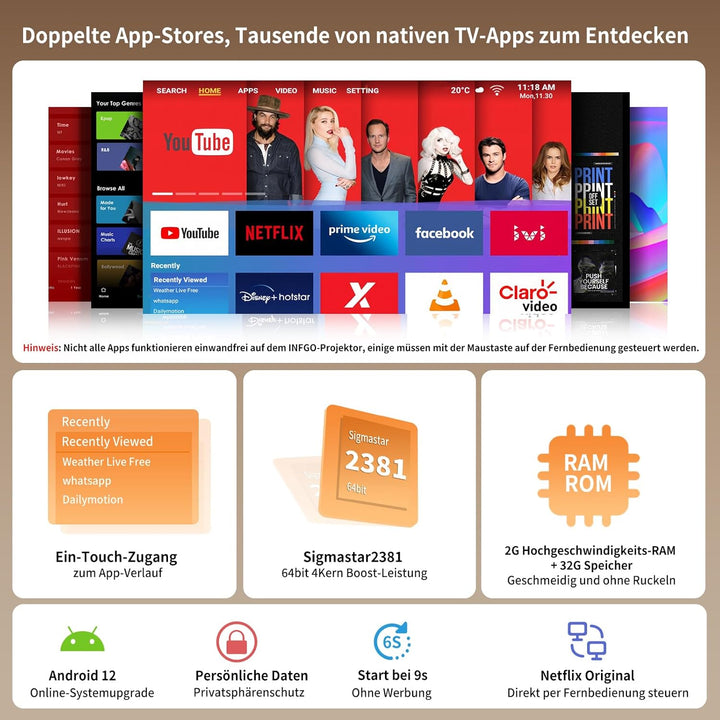 Heimkino Beamer, 4K Unterstützt, 1080P Full HD Beamer mit 28000 Lumen, WiFi 6 & Bluetooth 5.4, kompa