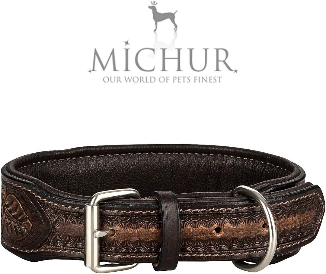 MICHUR Antonio Hundehalsband Leder, Lederhalsband Hund, Halsband, BRAUN, Leder, mit blauen Steinchen