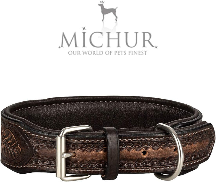 MICHUR Antonio Hundehalsband Leder, Lederhalsband Hund, Halsband, BRAUN, Leder, mit blauen Steinchen