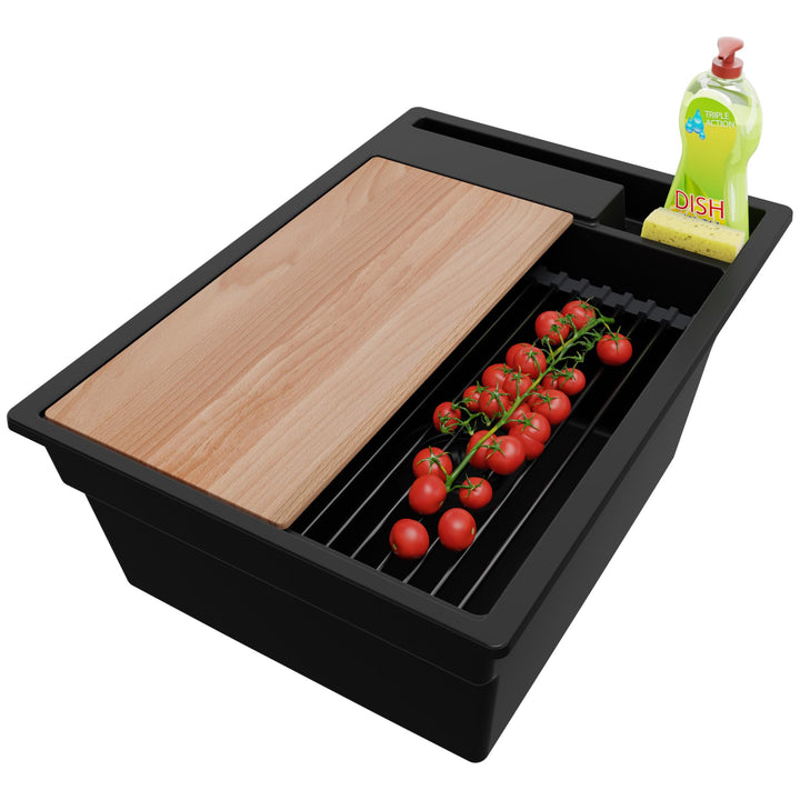 PRIMAGRAN Spülbecken Alles Schwarz 38x53cm, Granitspüle 1 Becken + Ablauf-Set + Küchenzubehörset, Kü