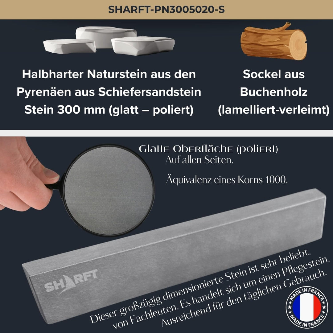 SHARFT, natürlicher Schleifstein aus den Pyrenäen, entspricht Körnung 1000 + Holzsockel. Schleifstei