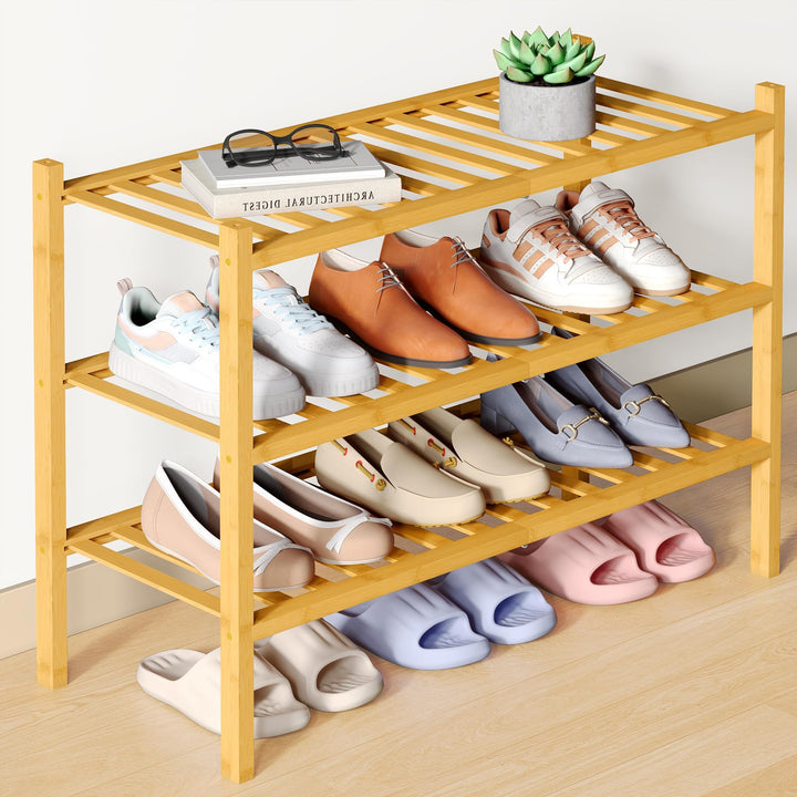 smiry Schuhregal aus Bambus, Schuhregal Platzsparend mit 3 Ebenen, Erweiterbar Stapelbar Shoe Rack,
