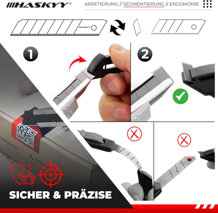 HASKYY Cuttermesser Teppichmesser Kartonmesser 10x Cutter mit 100x SK5 8-Segment-Klingen 18mm Ergono