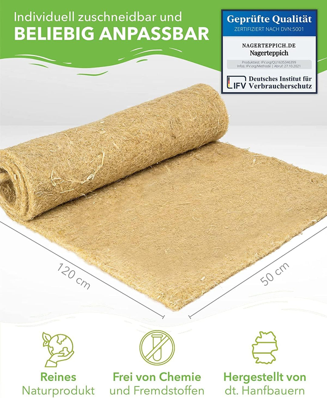 Nagerteppich aus 100% Hanf, 120 x 50cm, 5mm dick, Hanfteppich für alle Kleintiere, Hanfmatte Nagerma