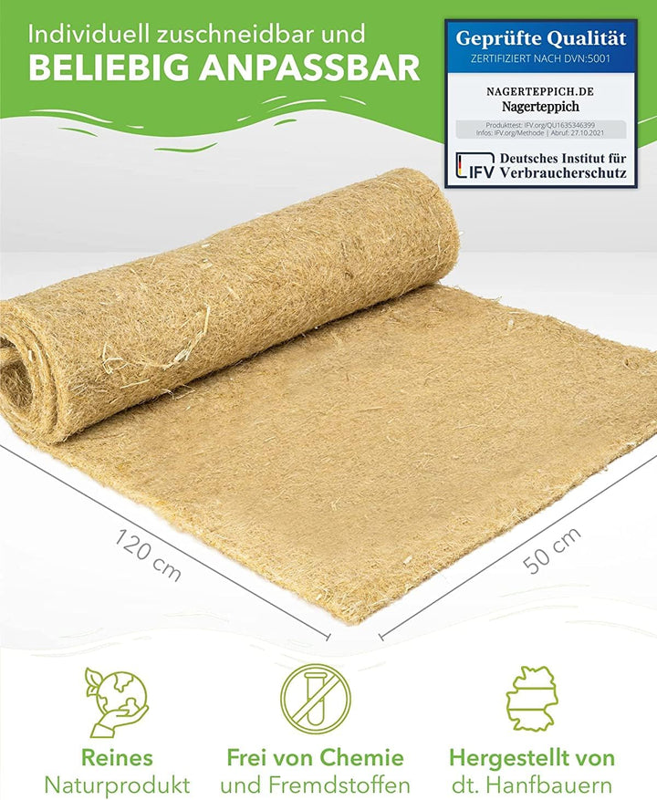 Nagerteppich aus 100% Hanf, 120 x 50cm, 5mm dick, Hanfteppich für alle Kleintiere, Hanfmatte Nagerma