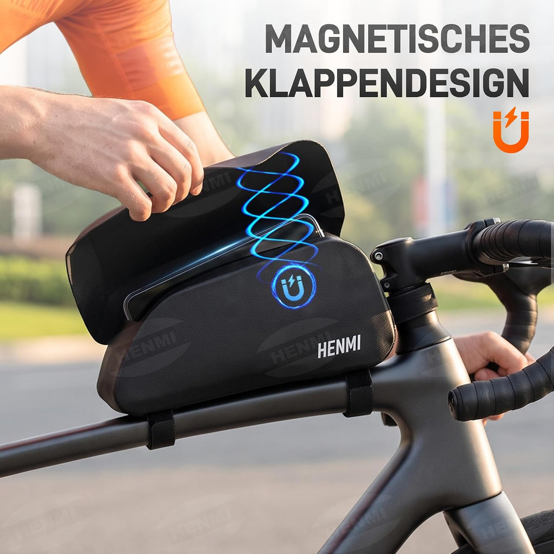 HENMI Oberrohrtasche Fahrrad 1,5 Liter, Fahrrad Rahmentasche Wasserdicht mit Magnetverschluss Oberro