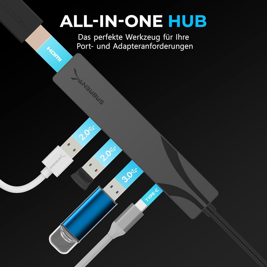 SABRENT Multi-Port-USB-C-Hub mit HDMI 4K@60 Hz, 3X USB-Anschlüsse, unterstützt Power Delivery (PD3.0
