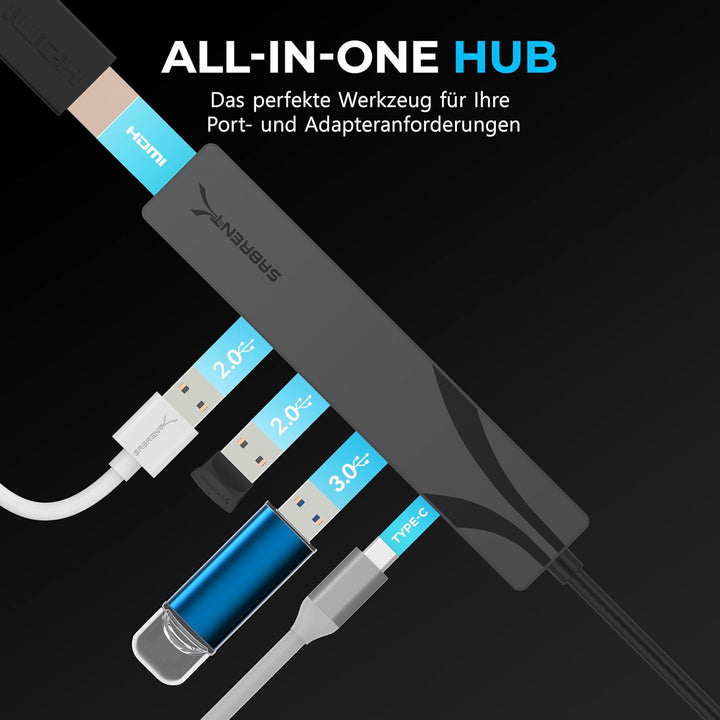 SABRENT Multi-Port-USB-C-Hub mit HDMI 4K@60 Hz, 3X USB-Anschlüsse, unterstützt Power Delivery (PD3.0
