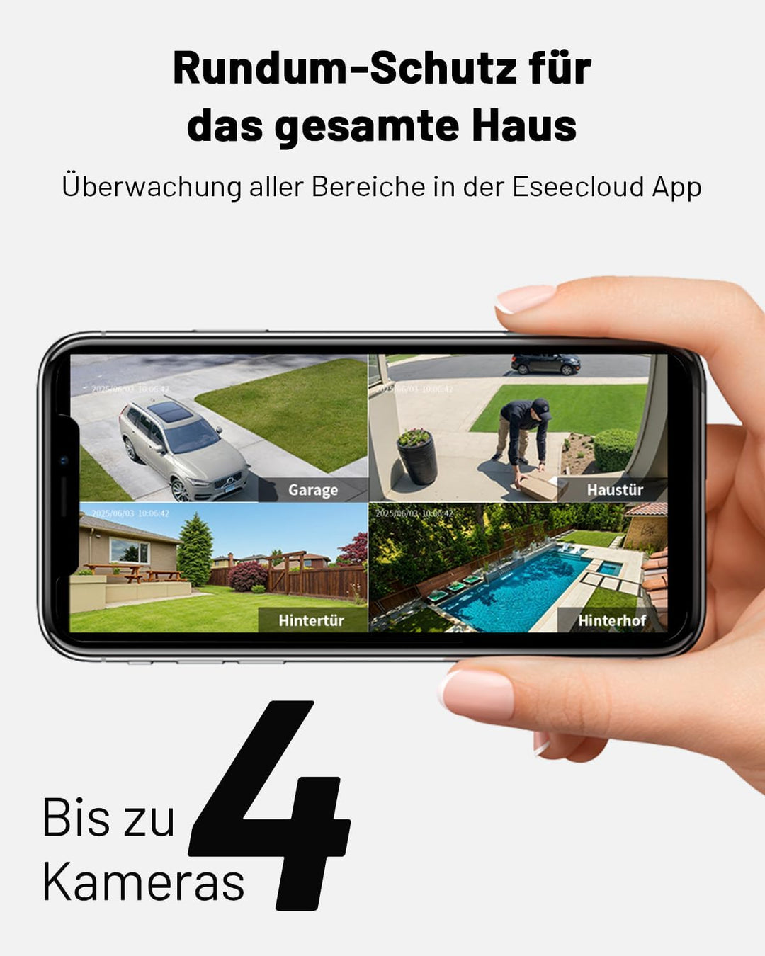 2K Überwachungskamera Aussen Akku Solar, 4-Cam-Set mit Basisstation | 360° PTZ Kabellos, 32G Lokaler