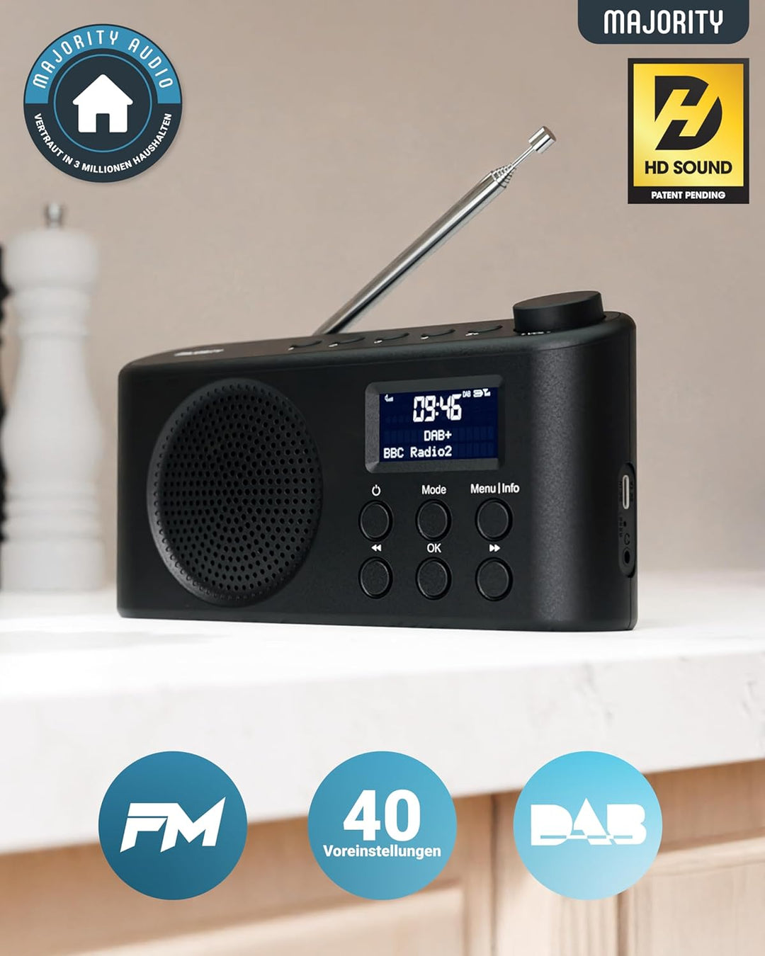Tragbares Bluetooth DAB, DAB+ Radio | USB-C betrieben & wiederaufladbarer Akku | 12 Stunden Wiederga