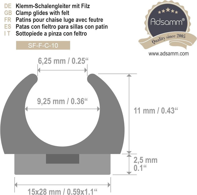 Adsamm® / 16 x Klemmschalengleiter mit Filz/Schwarz/ø 8-9 mm/Rund/Schalengleiter mit austauschbarem