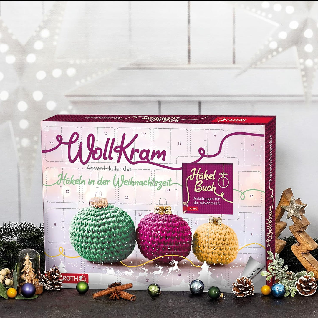 ROTH "WollKram" Adventskalender 2023 gefüllt mit 24 praktischem Häkelzubehör für die Vorweihnachtsze