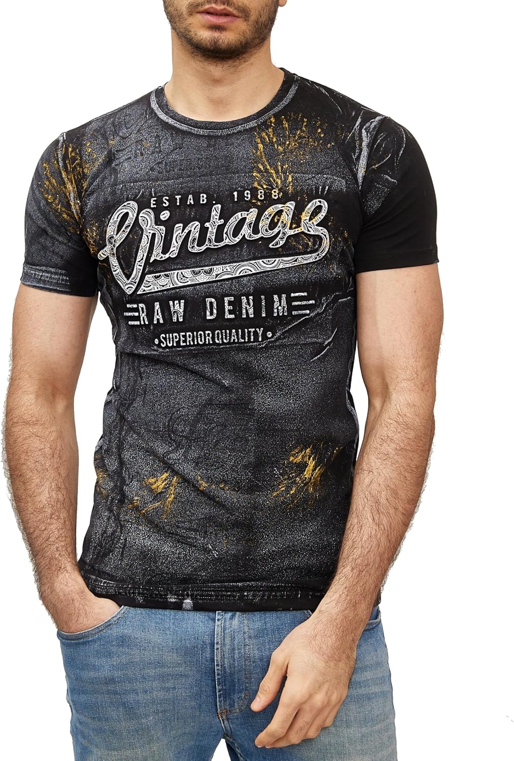 Subliminal Mode Herren-T-Shirt, gewaschen, Vintage, Rundhalsausschnitt, 3D-Druck, kurzärmlig, Grösse