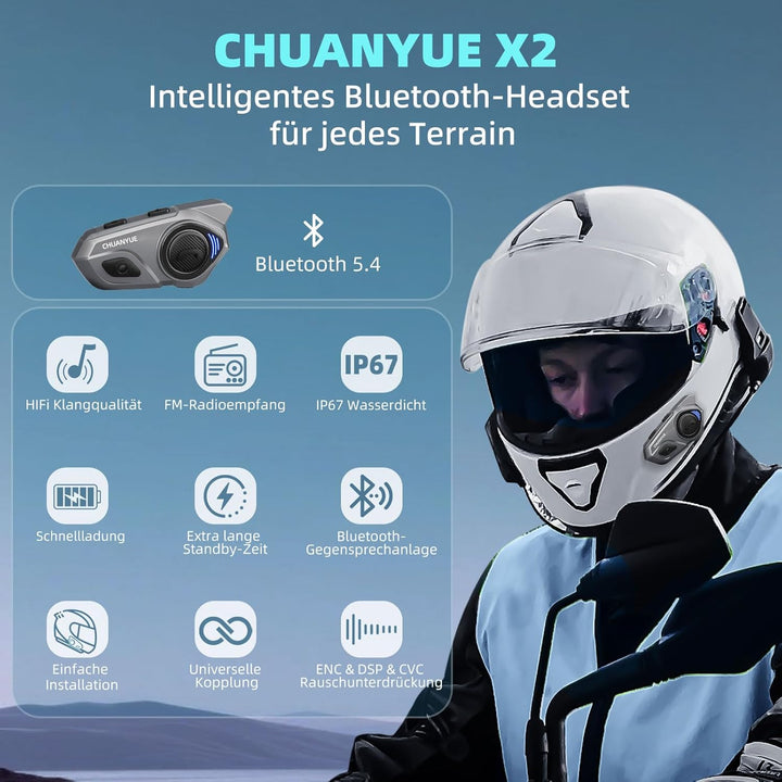 X2 Motorrad Bluetooth Headset, Helm Kommunikationssystem für 2 bis zu 4 Personen in Reichweite von 1