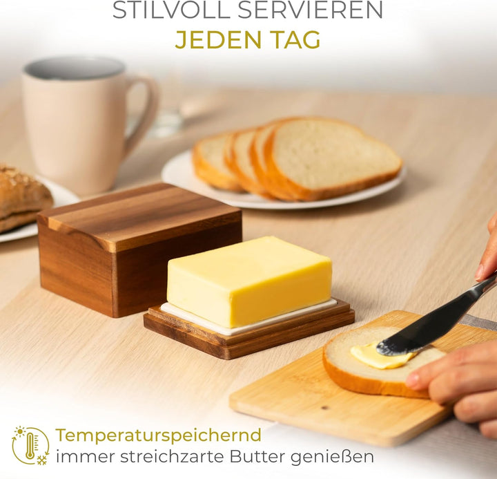 CALIDORO Butterdose Akazie mit Marmorplatte - Butterbox für streichzarte Butter (250g) - Holz Butter