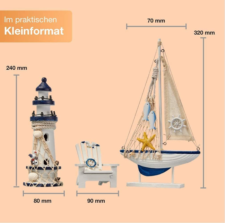 Flanacom Badezimmer Deko - 3er Set - Maritime Badezimmer Deko - Leuchtturm, Segel-Schiff und Strand-