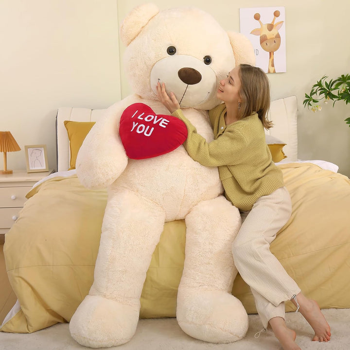 MorisMos 150cm riesen Teddy mit Herz, Beige gross teddybär XXL, kuschelig Plüschbär XXXL, Valentinst