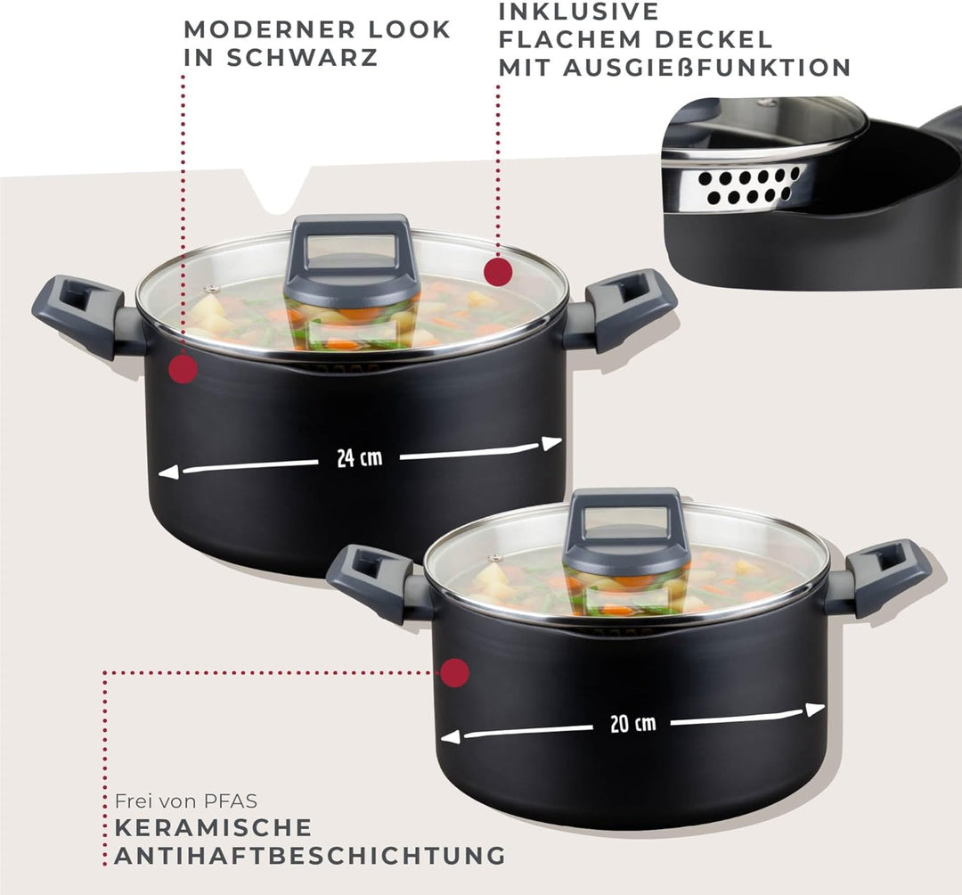 Fackelmann Kochtopf-Set mit Deckel – Ø 20 & 24 cm, Aus recyceltem Aluminium und Greblon CK2 Keramikb
