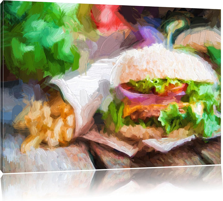 Pixxprint Burger und Pommes als Leinwandbild/Grösse: 100x70 cm/Wandbild/Kunstdruck/fertig bespannt,