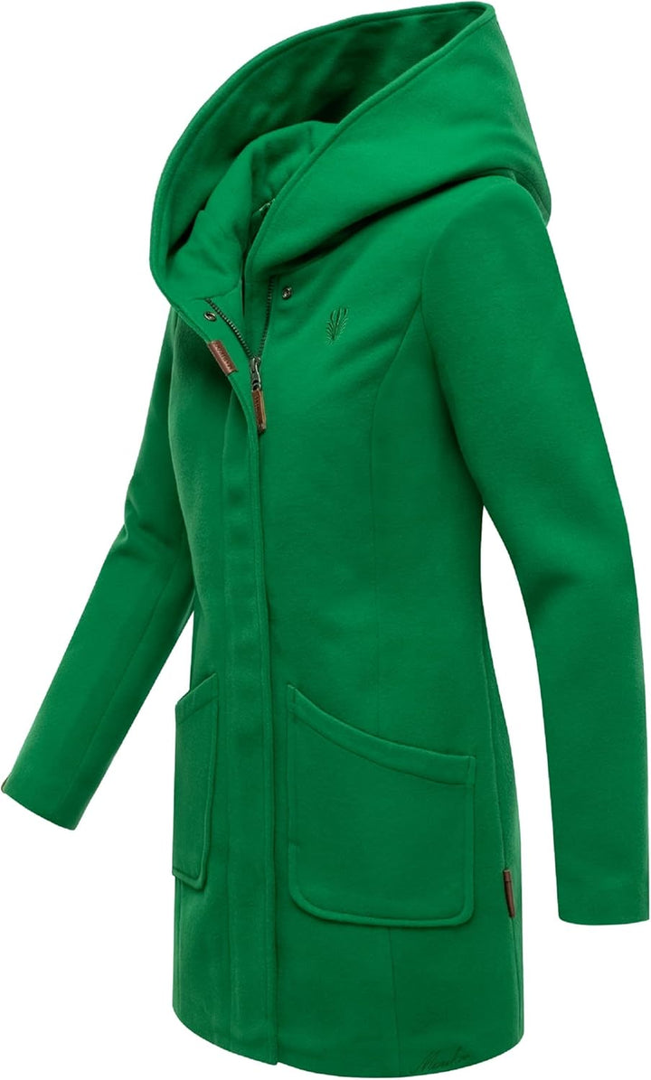 MARIKOO Damen Mantel in Wollmantel-Optik Warmer Trenchcoat mit Kapuze Maikoo XS-5XL S Smaragd Green,
