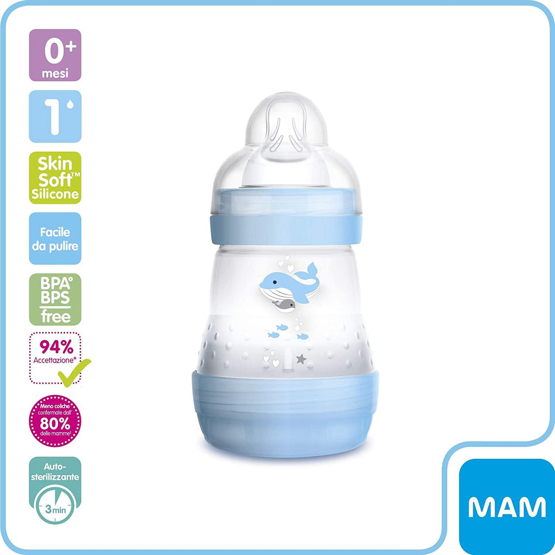 MAM Easy Start Anti-Colic Babyflasche mit SkinSoftTM Silikon-Trinksauger, 0+ Monate, 160 ml, Hellbla